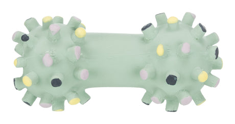 Grünes Spielzeug mit Noppen in Schwarz, Gelb und Lila, zylinderförmig, aus Kunststoff.