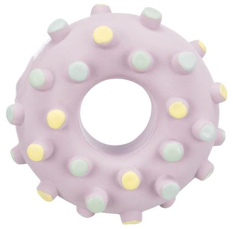 Rundes, lilafarbenes Gummispielzeug mit gelben und grünen Punkten, Struktur ähnlich einem Donut.