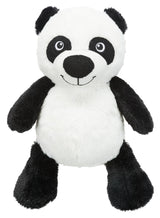 Schwarz-weißer Plüschpanda mit runden Augen und einem Lächeln, weicher Körper, stehende Position.