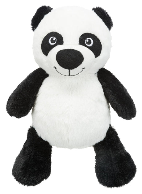 Schwarz-weißer Plüschpanda mit runden Augen und einem Lächeln, weicher Körper, stehende Position.