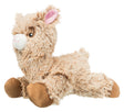Weiches Stofftier in Form eines sitzenden Lamas mit braunem Fell, weißen und rosa Details.
