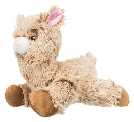 Weiches Stofftier in Form eines sitzenden Lamas mit braunem Fell, weißen und rosa Details.