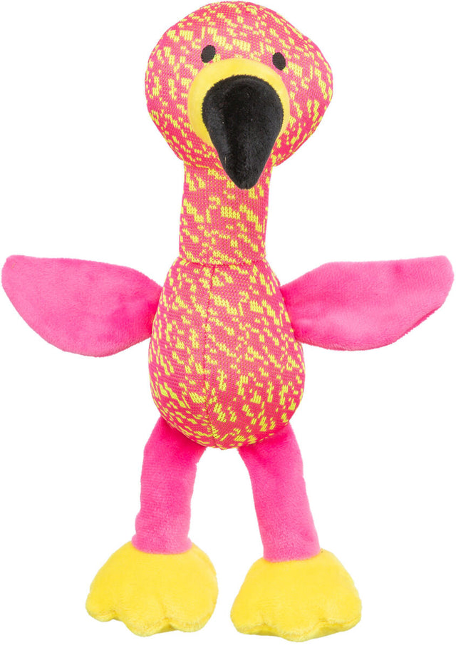 Plüschflamingo-Spielzeug in Rosa und Gelb mit gelben Füßen, aus weichem Stoff und mit schwarzen Augen.
