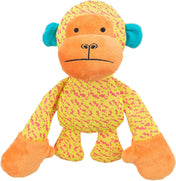 Ein farbenfrohes Stofftier-Affe mit gelbem, gemustertem Körper, orangefarbenem Gesicht und blauen Ohren.