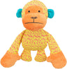 Ein farbenfrohes Stofftier-Affe mit gelbem, gemustertem Körper, orangefarbenem Gesicht und blauen Ohren.