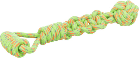 Geflochtenes Hundespielzeug in leuchtendem Grün mit orangefarbenen und grauen Akzenten.