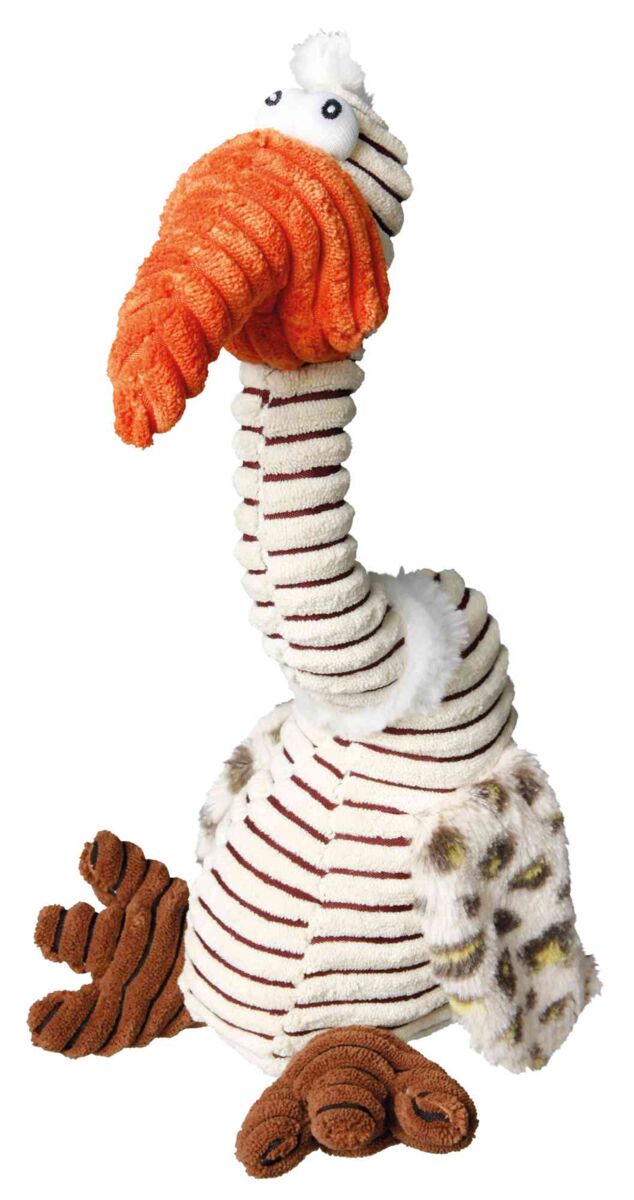Stofftier in Vogelgestalt mit gestreiftem Körper, rundem Kopf und großem orangefarbenem Schnabel.