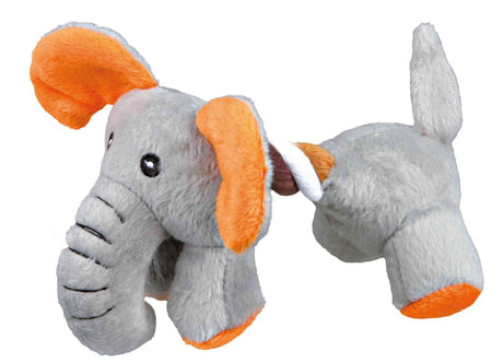 Graues Stoffspieltier in Elefantenform mit orangefarbenen Ohren, Schwanz und Füßen, Augen schwarz.