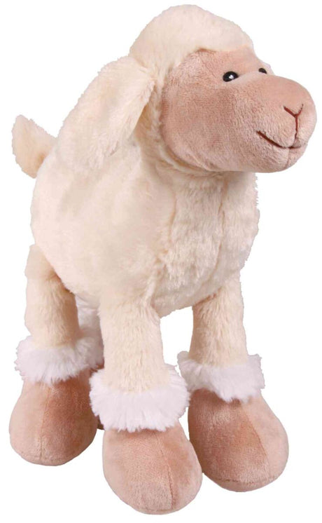 Plüsch-Schaf in Beige mit weißem Fell, stehende Position, schwarze Augen und braunes Gesicht, weiße Hufdetails.