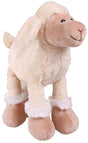 Plüsch-Schaf in Beige mit weißem Fell, stehende Position, schwarze Augen und braunes Gesicht, weiße Hufdetails.
