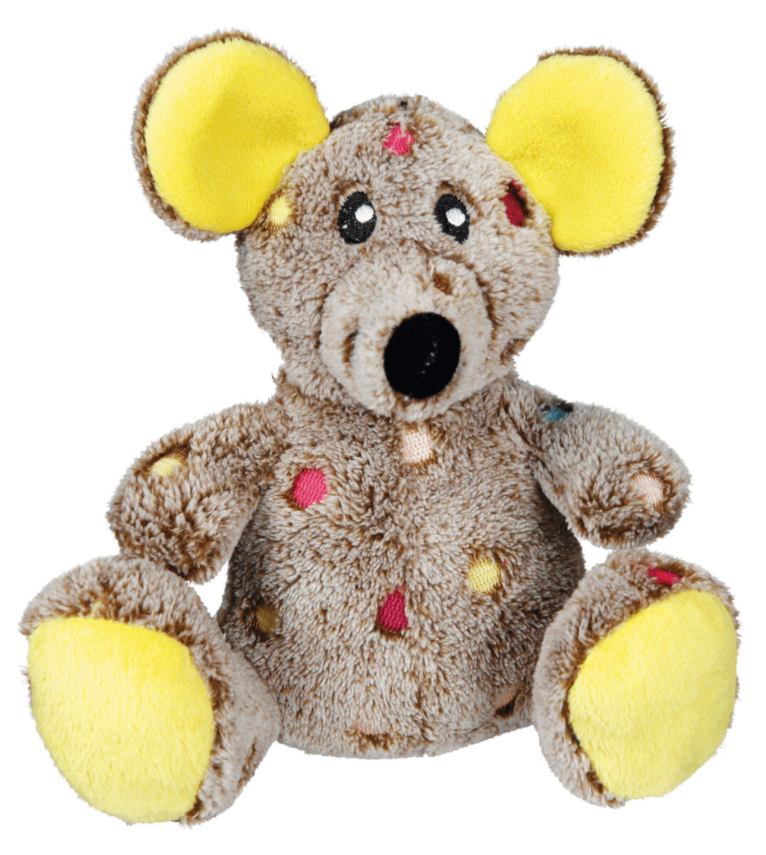 Plüschspielzeug in Form einer grauen Maus mit gelben Details und bunten Punkten auf dem Körper.