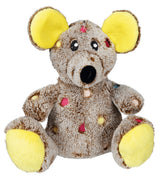 Plüschspielzeug in Form einer grauen Maus mit gelben Details und bunten Punkten auf dem Körper.