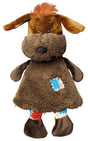 Stofftier in Form eines Hundes mit braunem Fell, bunten Flicken, roten Ohren und schwarzer Nase.