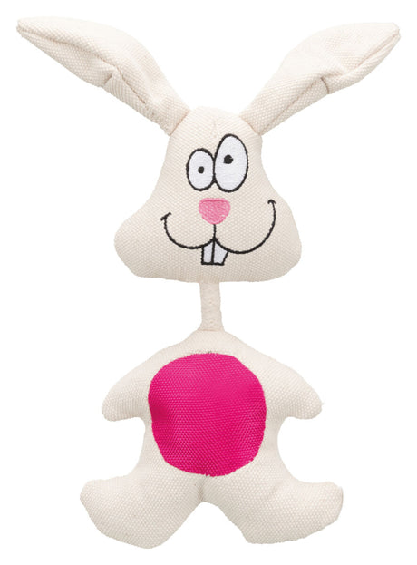 Weißer Stoffhase mit großen Ohren, rosa Nase und pinkem Bauch auf weißem Hintergrund.