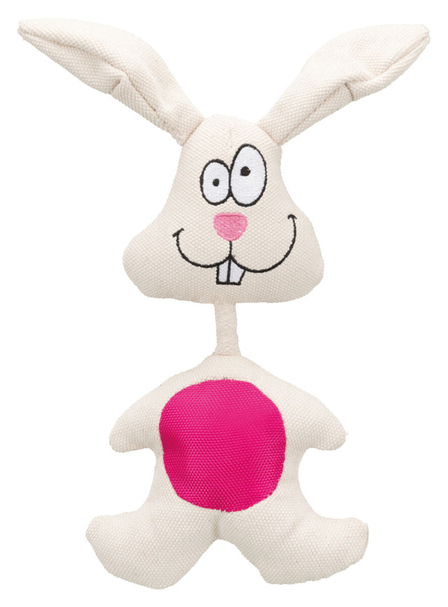Weißer Stoffhase mit großen Ohren, rosa Nase und pinkem Bauch auf weißem Hintergrund.