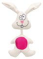 Weißer Stoffhase mit großen Ohren, rosa Nase und pinkem Bauch auf weißem Hintergrund.