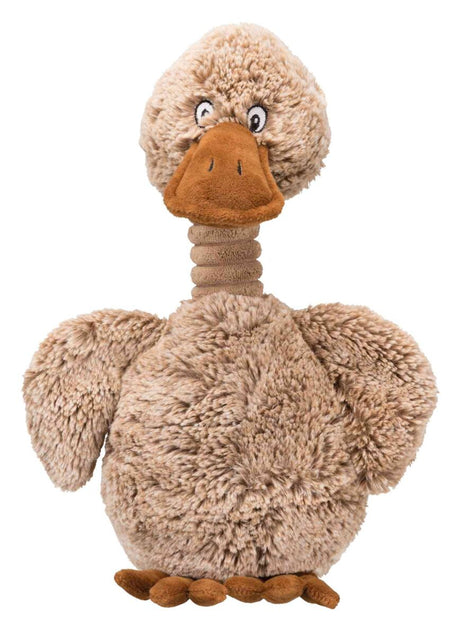 Plüschspielzeug in Form eines Vogelartiges mit weichem, beigem Fell und braunem Schnabel.