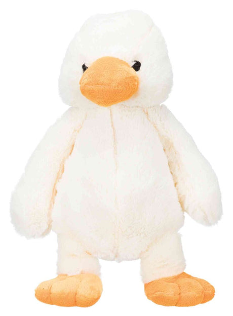 Ein weißes Plüschtier mit orangefarbenem Schnabel und Füßen, das möglicherweise wie ein Vogel aussieht.