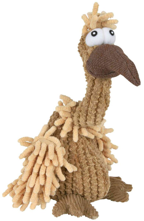 Ein Plüschspielzeug in Form eines Vogels mit großen Augen, einem großen Schnabel und beiger, texturierter Oberfläche.