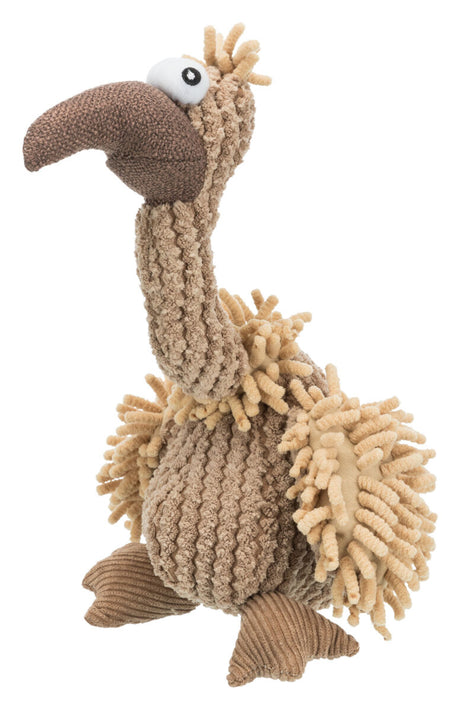 Stofftier in Form eines braunen Vogels mit langen Beinen und einem Schnabel, aus strukturiertem Material.