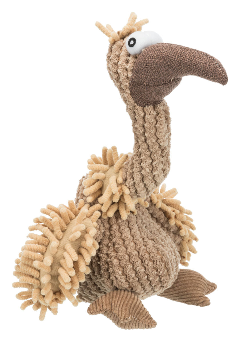 Plüschvogel in Beige- und Brauntönen mit großen Augen und strukturiertem Körper, sitzend abgebildet.
