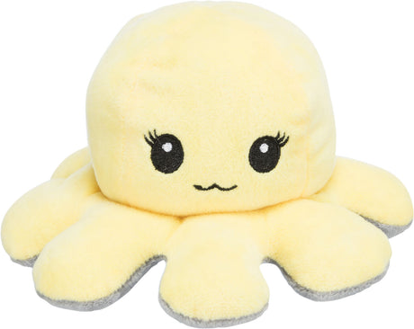 Gelbes Plüschspielzeug in Form eines lächelnden Oktopus mit schwarzen Augen und grauen Unterseiten der Tentakel.