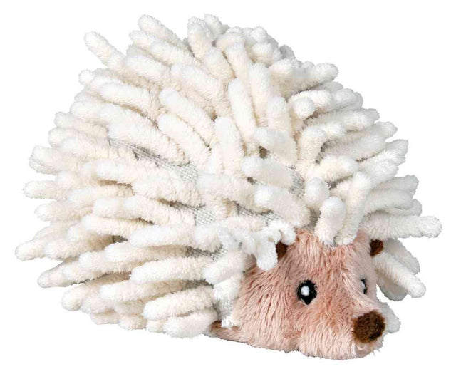 Ein hellbraunes Plüschspielzeug in Form eines Igels mit weißen, weichen Stacheln aus Stoff.