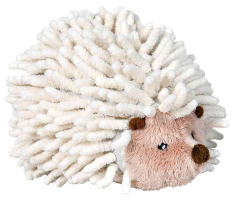 Kuscheliger Igel aus Plüsch mit langen, weißen Stoffstacheln und einem rosafarbenen Gesicht mit brauner Nase.