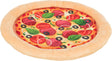 Rundes Hundekissen in Form einer Pizza mit buntem Belag aus Salami, Tomaten, Oliven und grünen Blättern.