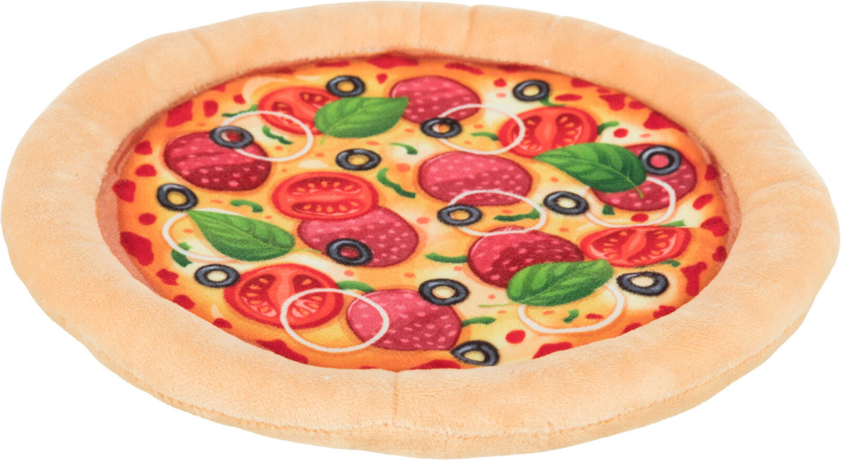 Rundes Hundekissen in Form einer Pizza mit buntem Belag aus Salami, Tomaten, Oliven und grünen Blättern.