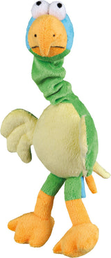 Buntes Plüschtier in Form eines Vogels mit grünen Flügeln, gelbem Bauch, orangefarbenen Füßen und blauem Kopf.