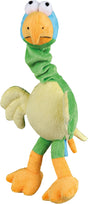 Buntes Plüschtier in Form eines Vogels mit grünen Flügeln, gelbem Bauch, orangefarbenen Füßen und blauem Kopf.