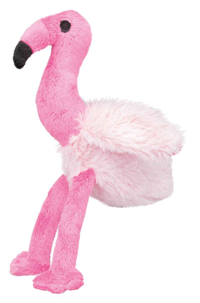 Ein rosa Plüschspielzeug in Form eines Flamingos mit schwarzen Augen, schwarzem Schnabel und flauschigem Körper.