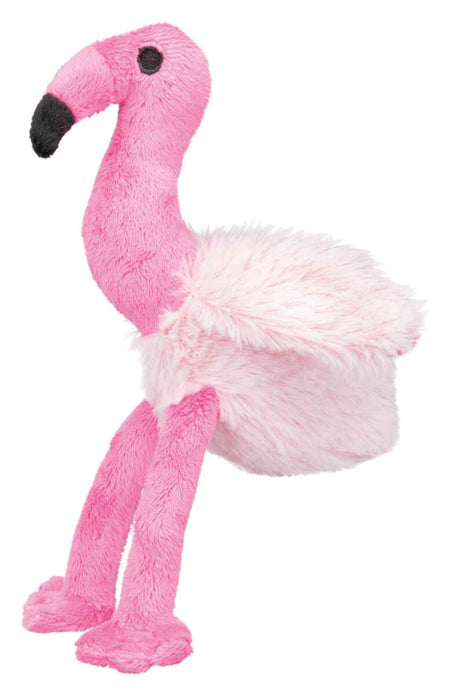 Ein rosa Plüschspielzeug in Form eines Flamingos mit schwarzen Augen, schwarzem Schnabel und flauschigem Körper.