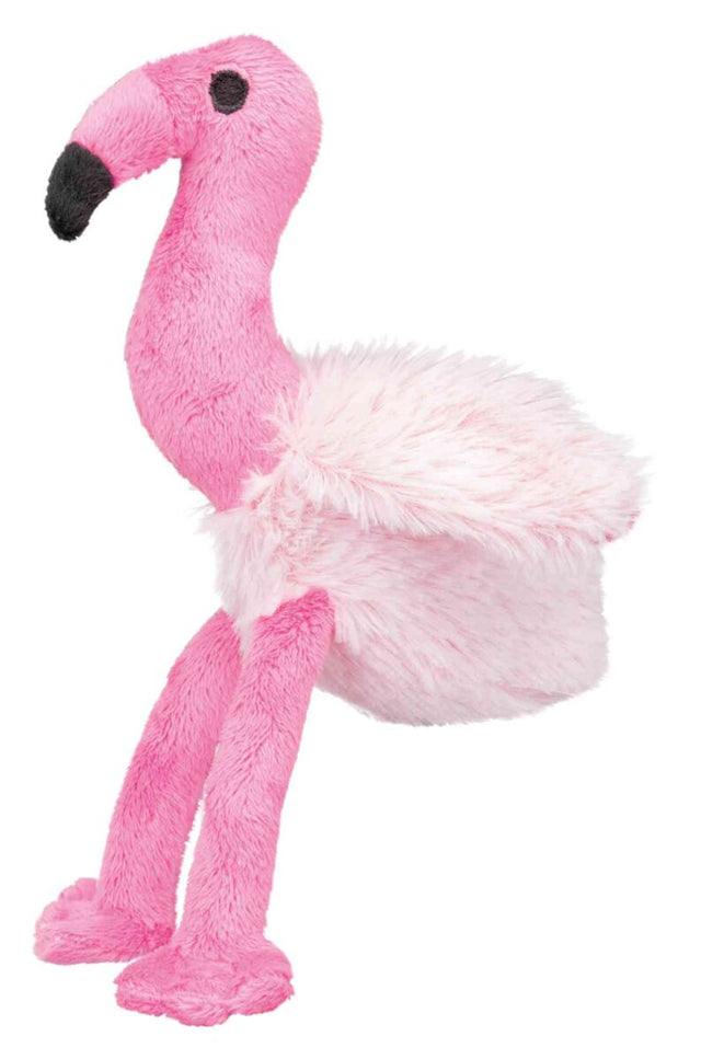 Ein rosa Plüschspielzeug in Form eines Flamingos mit schwarzen Augen, schwarzem Schnabel und flauschigem Körper.