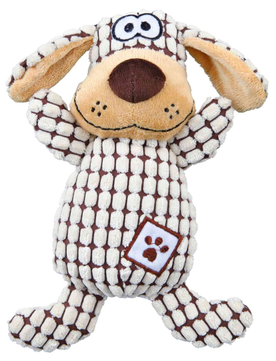 Plüschspielzeug in Form eines Hundes mit großen Augen und langen Ohren, braunes und weißes Muster.