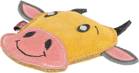 Gelbes Spielzeug in Form eines Tierkopfes mit rosa Schnauze und Ohren, schwarzen Augen und Hörnern.