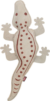 Spielzeug in Form eines beigefarbenen Krokodils mit braunen Punkten und Linien, aus einem stoffähnlichen Material.