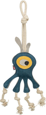 Spielzeug in Form eines blauen Oktopus mit gelbem Auge, beige Seilknoten als Tentakel und Schlaufe.
