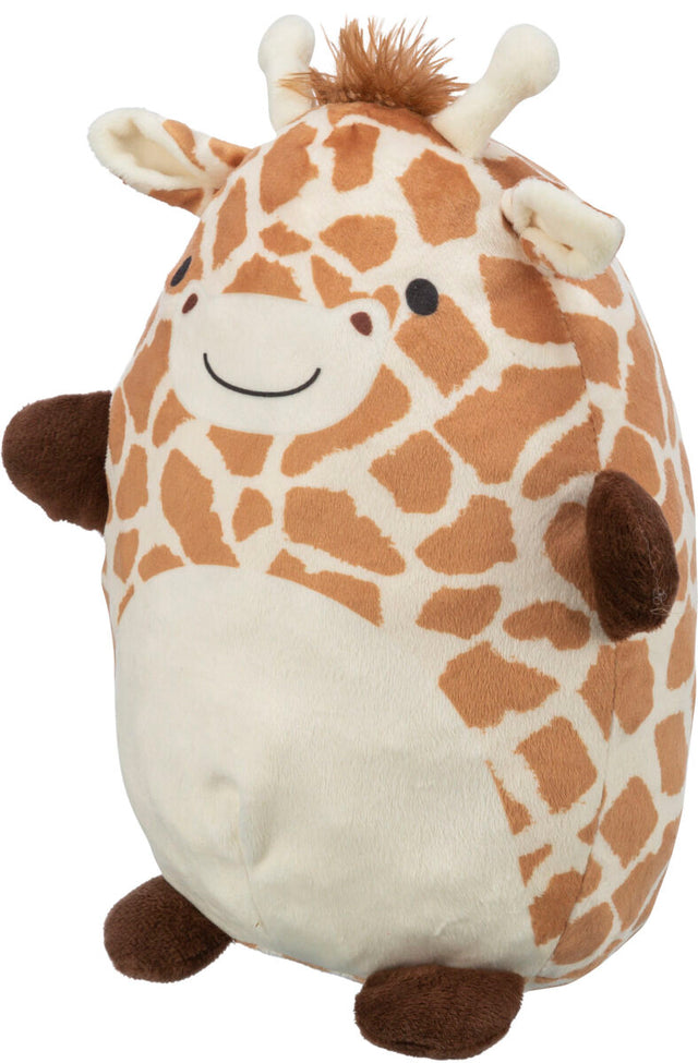 Weiches Plüschtier in Form einer stilisierten Giraffe mit braun-weißer Musterung, lächelndem Gesicht und kleinen Ohren.