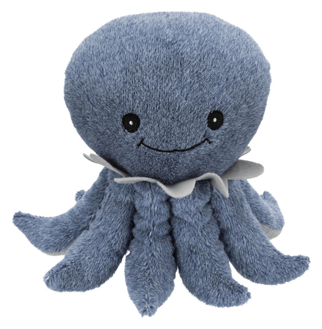 Blaues Plüschspielzeug in Form eines lachenden Oktopus mit weichen Tentakeln und schwarzem Augenpaar.