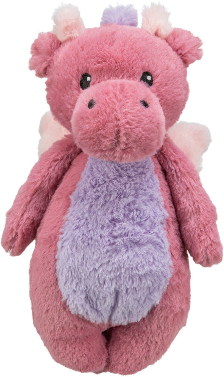 Rosa Plüschdrache mit lila Bauch und Flügeln, niedliche schwarze Augen und kleine Hörner auf dem Kopf.