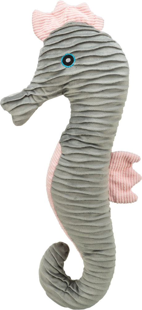 Graues Stoff-Seepferdchen mit rosa Flossen und Mähne, blaue Augen, weich gerillte Oberfläche.