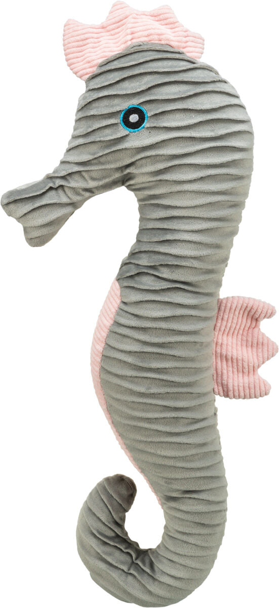Graues Stoff-Seepferdchen mit rosa Flossen und Mähne, blaue Augen, weich gerillte Oberfläche.