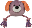 Plüschspielzeug in Form eines lila Hundekopfes mit orangefarbenen Ohren und Seilknoten als Beine.