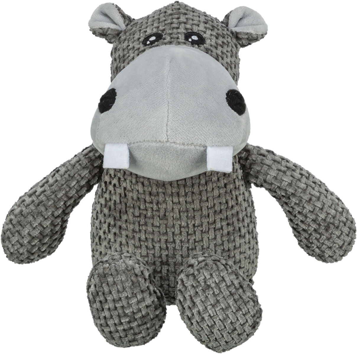 Graues Plüschtier in Form eines Hippos mit einem strukturierten Körper und hellerer Schnauze.