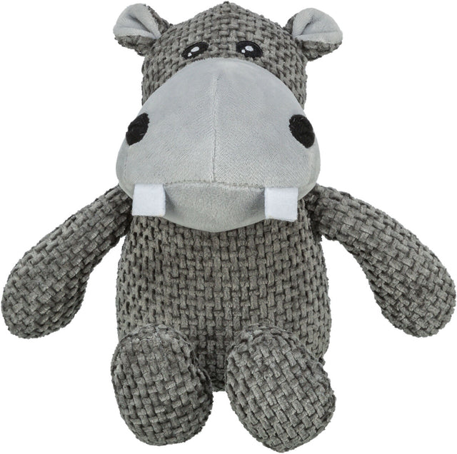 Graues Plüschtier in Form eines Hippos mit einem strukturierten Körper und hellerer Schnauze.