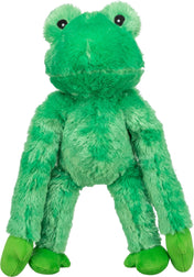 Ein grünes Plüschtier in Form eines Frosches mit großen Augen und langen Armen sitzt aufrecht.