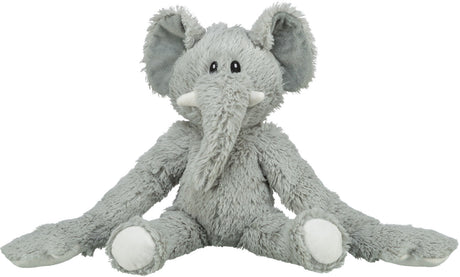 Graues Plüschelefant-Spielzeug mit großen Ohren und langen Armen und Beinen, sitzt aufrecht vor weißem Hintergrund.