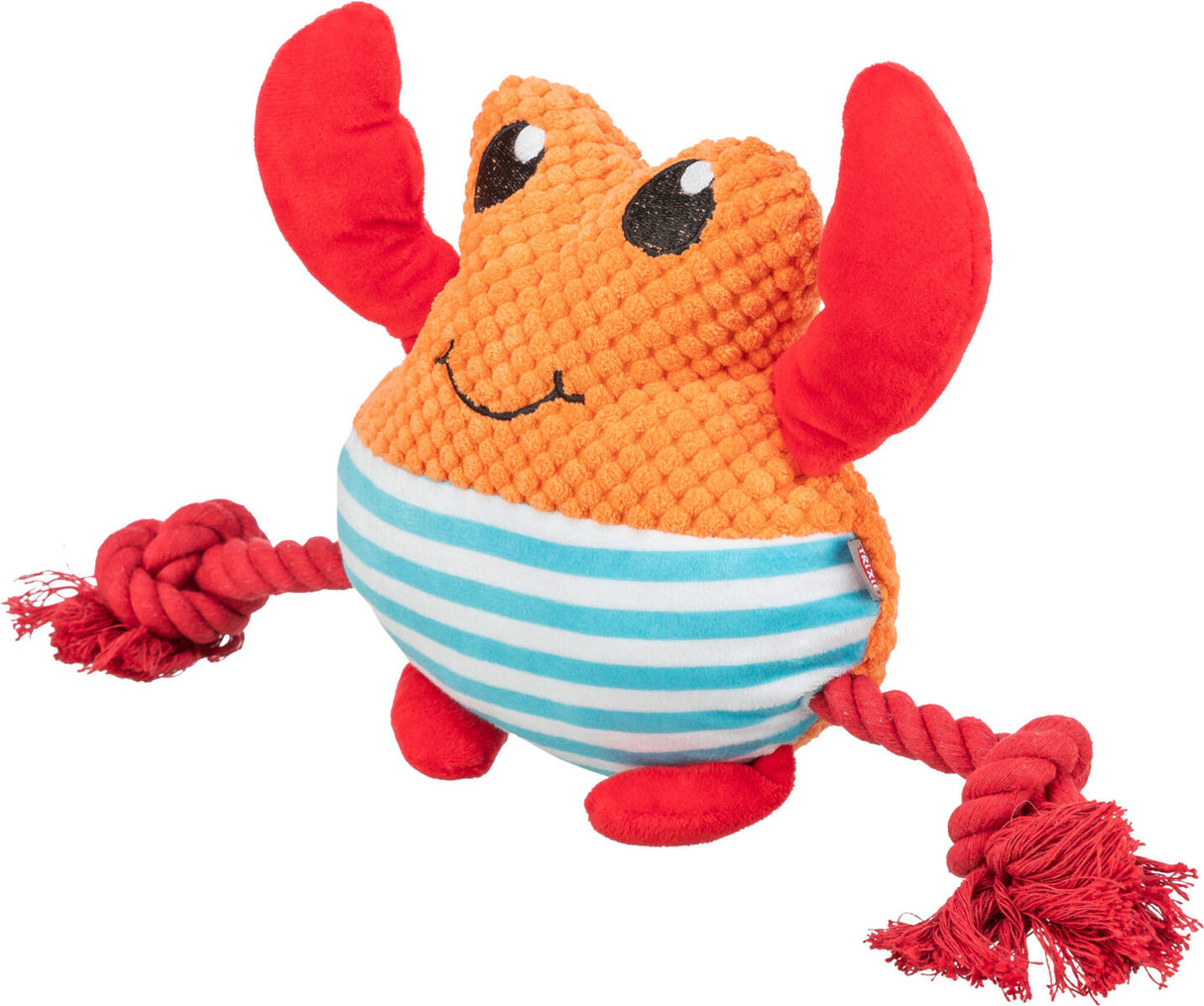 Buntes Kuscheltier in Form eines orangen Krabben mit blauen Streifen und roten Seilknotenarmen.